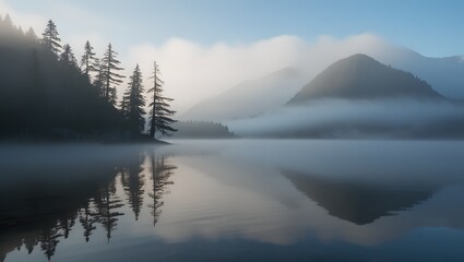 Fototapeta premium A tranquil mountain lake surrounded by tall pine trees, its surface reflecting faint images of mist-covered peaks. The soft morning fog hovers above the water, blending seamlessly into the serene wild