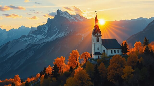 A breathtaking autumn sunrise in the German Alps, with the Maria Gern church standing picturesque against the majestic