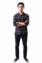 Naklejka premium Young man, plaid shirt, arms crossed, confident pose.