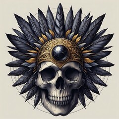 Obraz premium Skull adorned with ornate headdress and dark feathers.