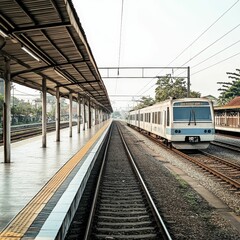Obraz premium Train arriving at a station platform.