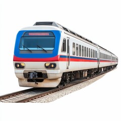 Obraz premium Modern train traveling on tracks, white, red, blue.