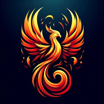 Fiery phoenix bird with outstretched wings and swirling tail feathers against a dark background.