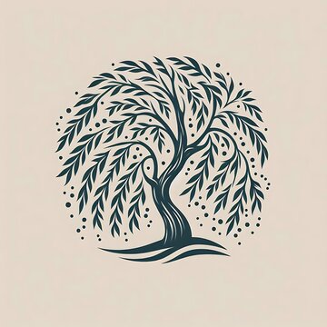 Weeping willow tree illustration, nature graphic, dark teal on beige background.