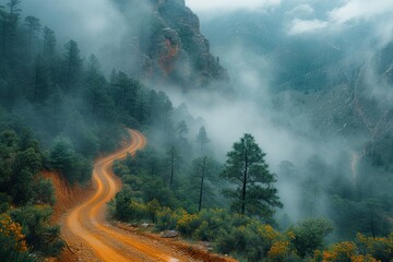 Fototapeta premium Winding road in the mountains with foggy mist in the background. Mysterious and serene atmosphere