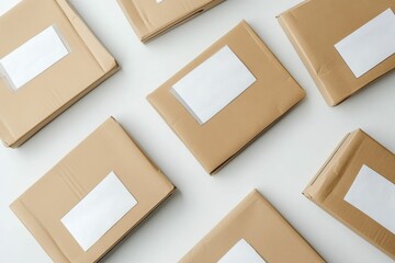 Kraft packages with blank labels on white.