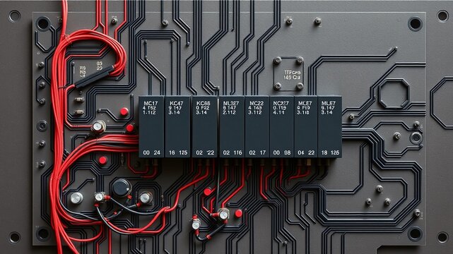 A circuit board showcases an 8-channel relay module connected to a KNX data bus, with wires and components