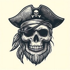 Fototapeta premium Detailed illustration of a pirate skull wearing a tricorn hat and eye patch.