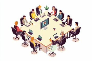 Team meeting around large table, laptops, screen.