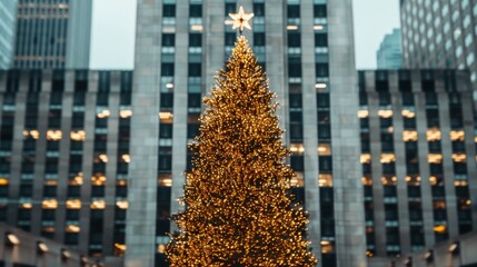 Illuminated Christmas tree in an urban setting.