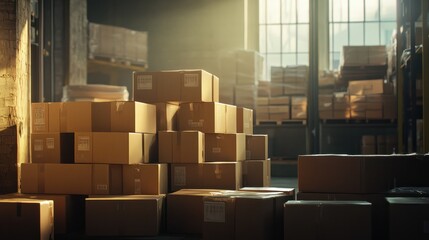 Distribution warehouse background, commercial shipping order boxes for dispatching on stockroom table, post courier delivery package, dropshipping commerce retail store shipment storage concept.