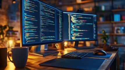 Closeup of a programmers cluttered desk with dual screens