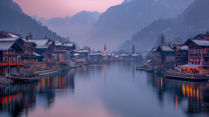 Naklejka premium Tranquil Alpine Village Reflected on Misty Lake at Dusk..