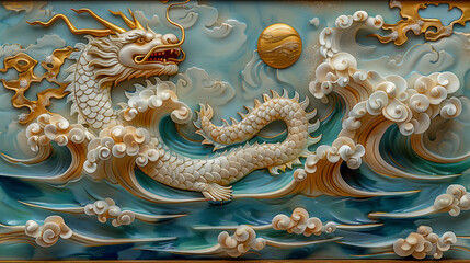 Obraz premium Golden Chinese Dragon in Stylized Ocean Waves..