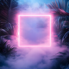 A Neon Pink square surrounded by smoke and jungle branches 