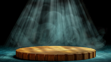 Wooden Platform Spotlighted with Dramatic Misty Background..