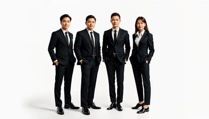 Confident business team posing with hands in pockets on white background