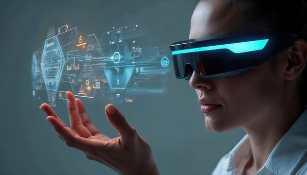 Businesswoman wearing futuristic glasses interacting with hologram data interface