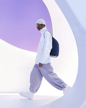 Fashion model walking in purple and white set wearing modern clothes