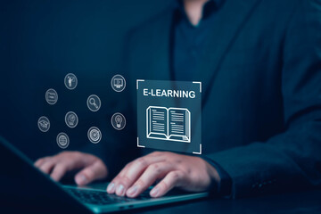 E-learning education concept. show online e-learning screen of icons. learning online educate technology improvides accessibiliry 