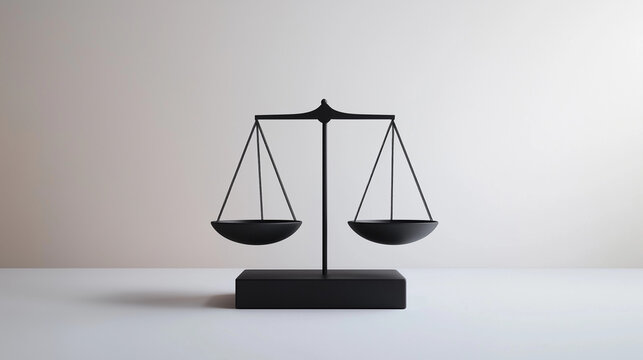 Minimalist  judicial scales in matte black, streamlined design on a clean white background, elegant and modern look, representing neutrality and impartiality.