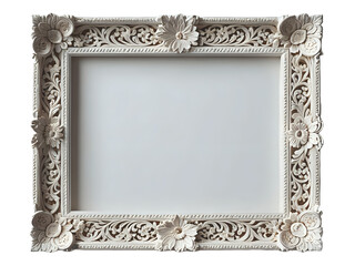 Antique Ornate picture frames in white color with intricate details vintage style transparent background, png file