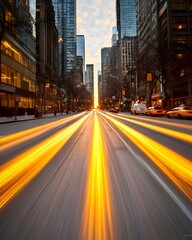 Sunset glow illuminating city streets in urban landscape