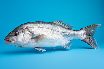 Obraz premium Fresh and Raw Whole Fish on Turquoise Background Showcasing Bright Eyes and Detailed Scales for Culinary and Seafood Illustrations
