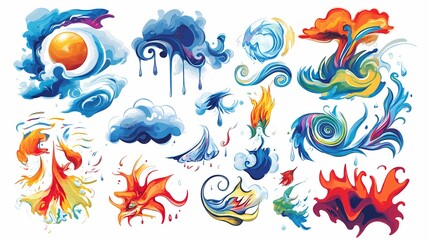 Colorful and Artistic Abstract Elements Featuring Clouds, Waves, Fire, and Water Design in Vibrant Shades Combining Nature's Power and Beauty