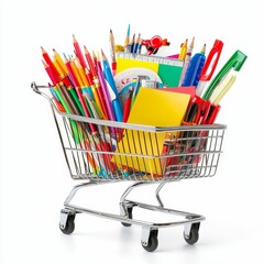 School supplies in a shopping cart.