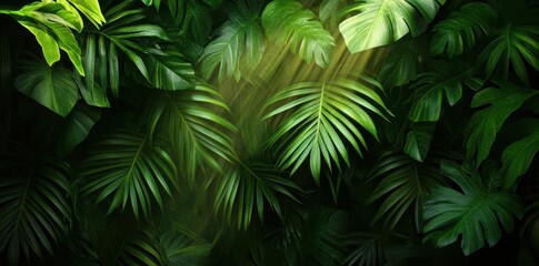 Fototapeta premium Lush tropical jungle scene with dense greenery and hanging vines, showcasing nature's abundant beauty.