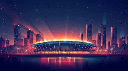 Obraz premium Vibrant Night Scene of a Modern Stadium Surrounded by a Stunning Cityscape under a Starry Sky and Colorful Lights Reflecting on Water