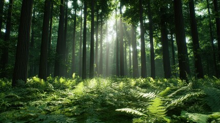 Lush forest with sunlight filtering through tall trees and ferns.