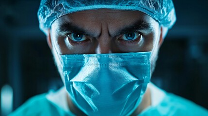 Close-up of a focused surgeon wearing a surgical mask and cap in a dimly lit operating room. Intense gaze emphasizing professionalism and precision in healthcare. 