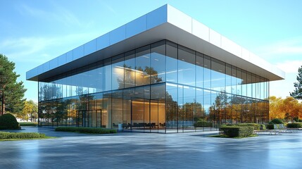 Modern glass building surrounded by landscaped greenery.