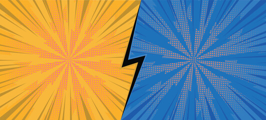 Comic background featuring contrasting orange and blue panels with radial burst effects, separated by a bold lightning bolt. Ideal for graphic novels, superhero themes, promotional designs, pop-art.