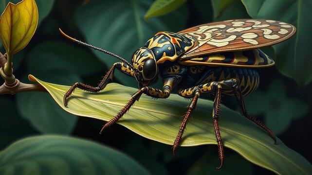 A large, intricately patterned insect with elongated body and spiked arms is transfixed in contemplative pose, poised