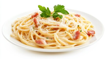 A plate of creamy carbonara pasta with spaghetti, pancetta, Parmesan cheese