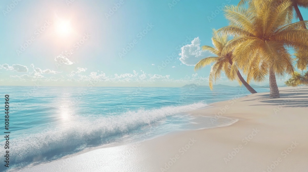 Poster a beautiful beach scene with a palm tree in the foreground