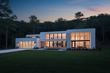 Naklejka premium Stunning Modern Villa Facade with Glass Features Surrounded by Woodland at Sunset