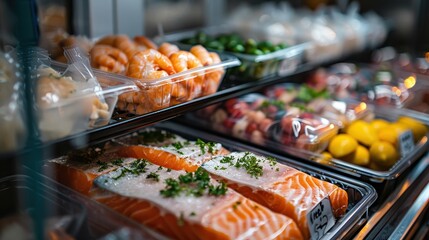 A display of fresh seafood, including shrimp and salmon, alongside various colorful fruits and vegetables in a well-organized market setting.