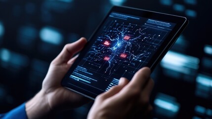 Hands holding a tablet displaying a complex data visualization.