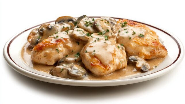 A plate of creamy chicken Marsala with tender chicken breasts, mushrooms, and a rich Marsala wine sauce