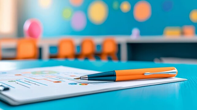 Effective school governance, close-up of a strategy document and pen on a table, classroom map in soft focus, bright highlights, structured composition, inviting hues
