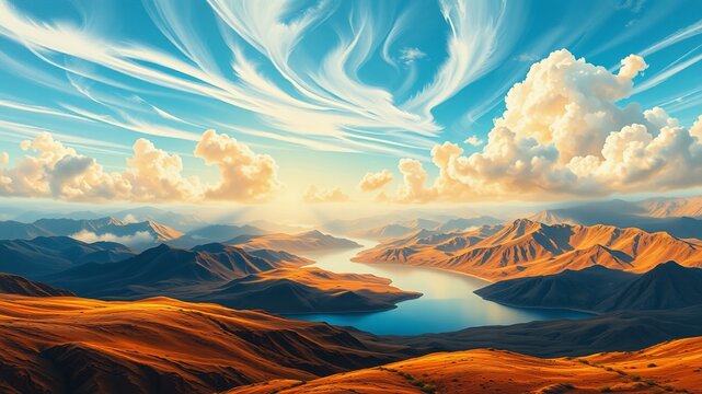 A majestic landscape unfolds across two-page spread, featuring undulating hills, wispy clouds, and a serene lake, set