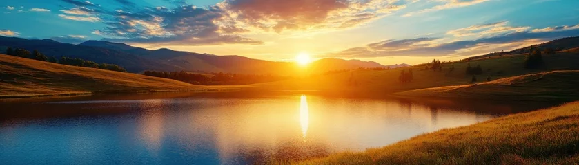 financial freedom independence strategy concept. Beautiful sunset over a tranquil lake and grassy hills.
