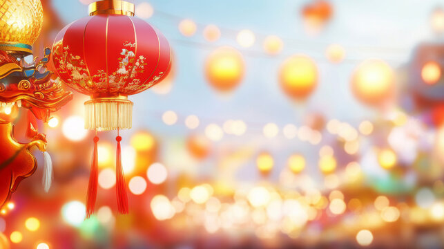 Vibrant lanterns and dragon decorations at a festive chinese new year celebration