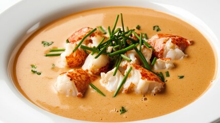A plate of creamy lobster bisque soup garnished with lobster chunks and chives, Each spoonful filled with rich and luxurious flavors