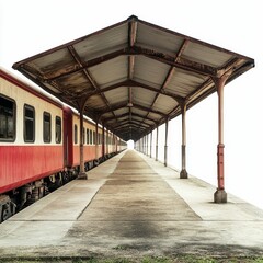 A train platform with an old train.