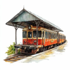 Fototapeta premium Rusty train under a roof on tracks.